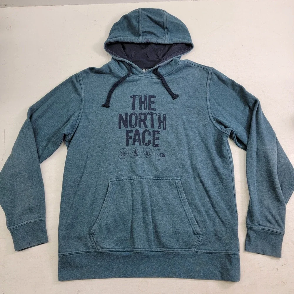 The North Face Distressed Pullover Hoodie Sweatshirt Camp‎ Mens Sz L Faded Blue